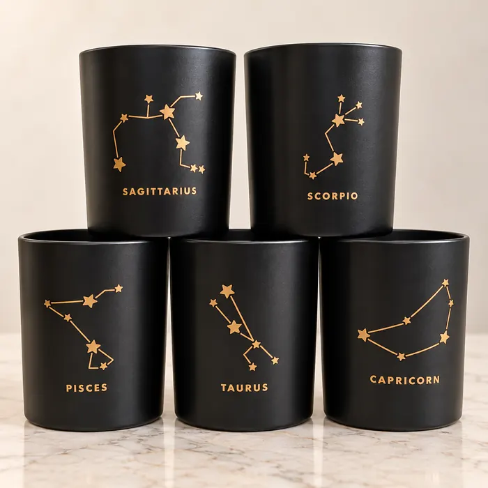 Stack of black tumblers round printed in gold with zodiac constellations