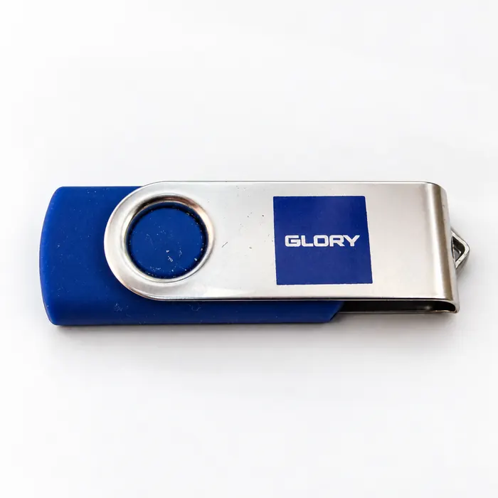 Blue swivel USB drive pad printed with the Glory logo