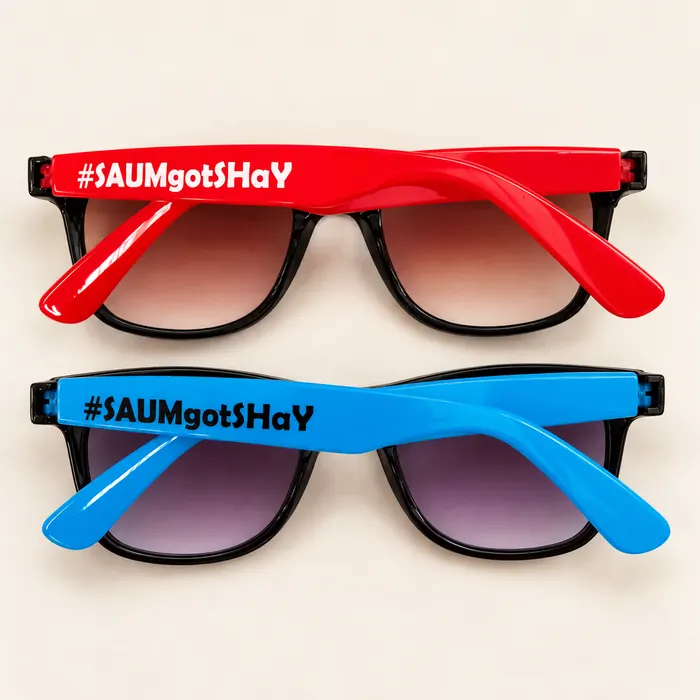Red and blue sunglasses with a hashtag pad printed on the arms