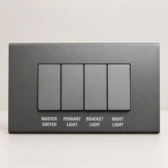 Grey four-switch panel pad printed with white switch labels