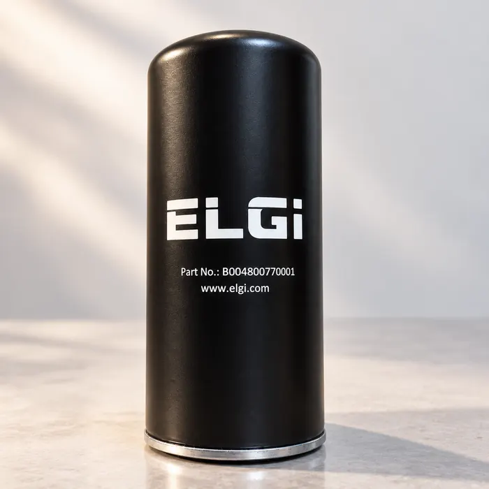 Black industrial filter round printed with the ELGi logo in white