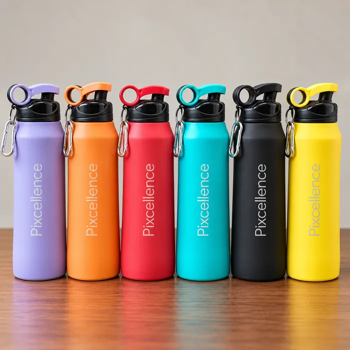 Six colourful steel bottles round printed with the Pixcellence name