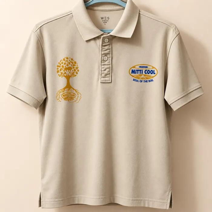 Khaki polo T-shirt screen printed with Mitticool logos in gold and blue